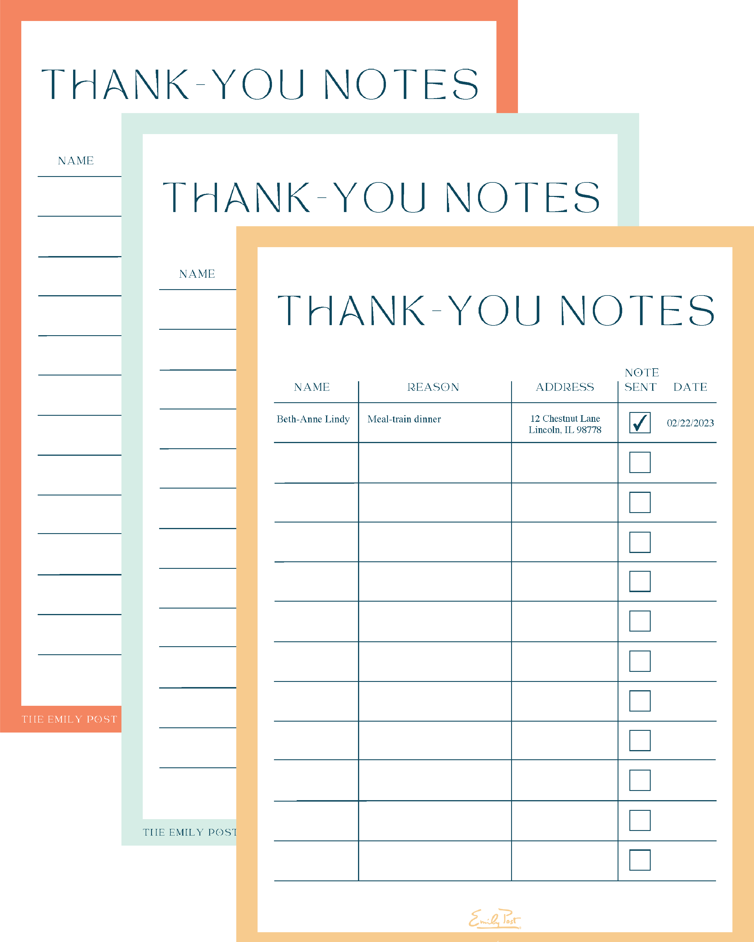 Three stacked pages from the set of thank you note smart list